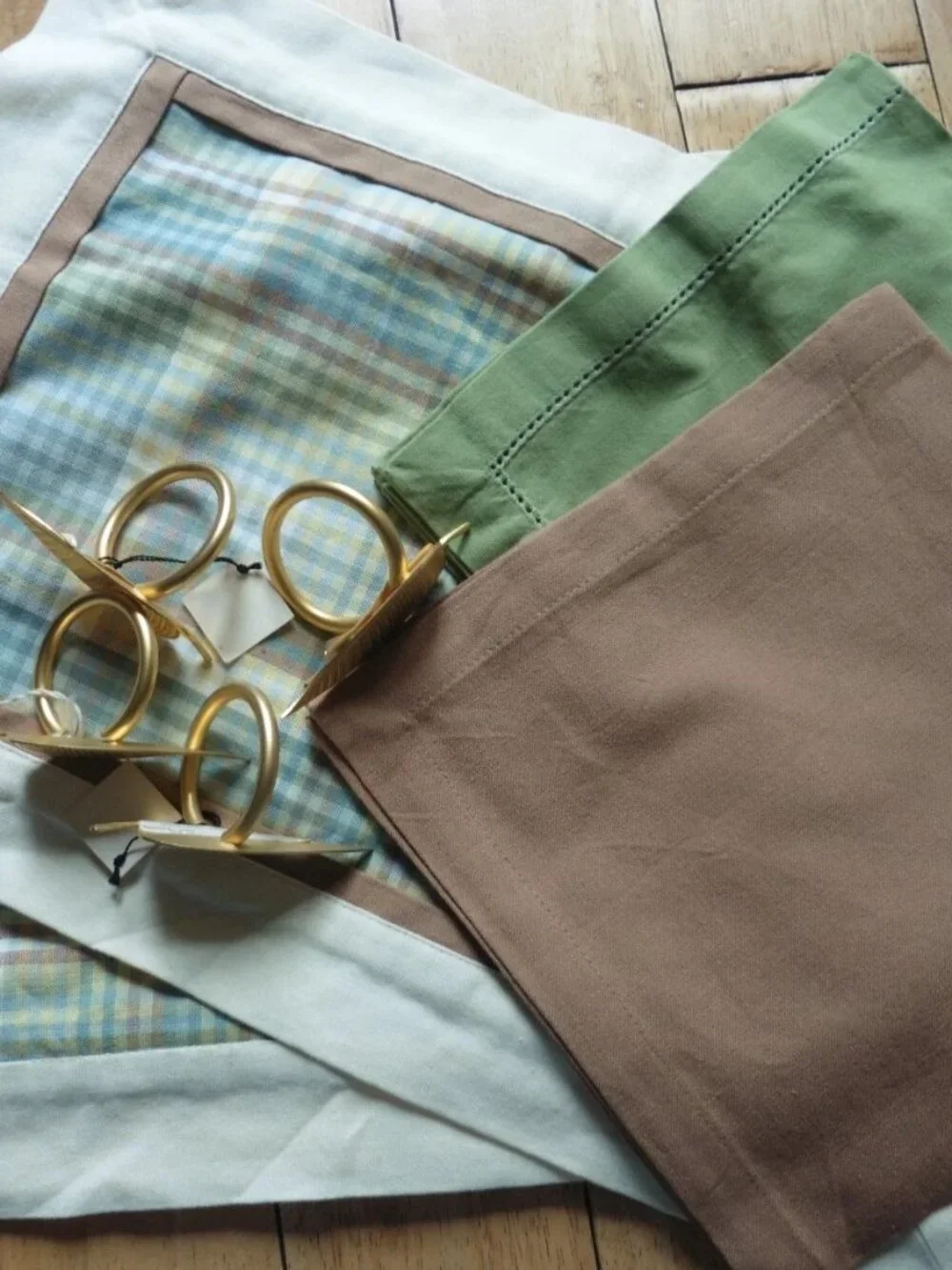 Casafina VTG Cotton Plaid Placemats Green/Brown Napkins + Gold Rings 20PC LOT